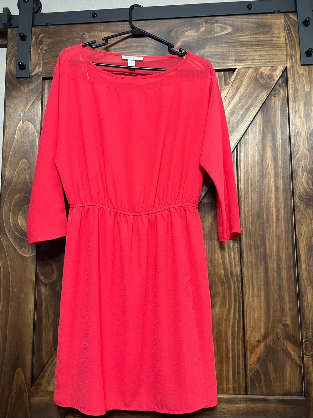 Forever 21 Coral Pink Red Dress Size M Sheer Shoulder 3/4 Sleeve Elastic Waist